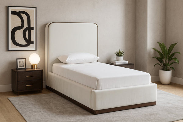 Meridian Furniture Rava Velvet Twin Bed with Tall Upholstered Headboard and Walnut Base for Modern Bedrooms Cream / Beige RavaCream-T
