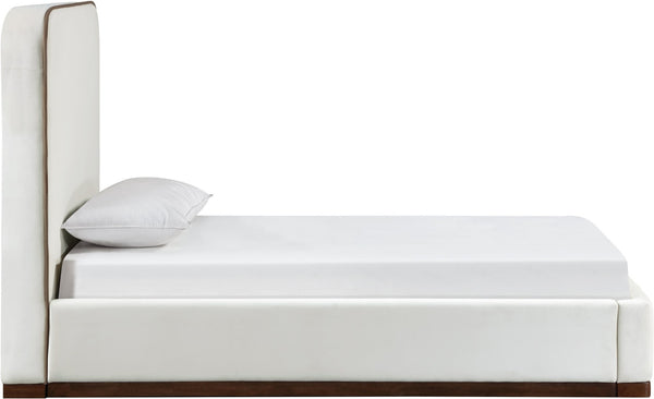 Meridian Furniture Rava Velvet Twin Bed with Tall Upholstered Headboard and Walnut Base for Modern Bedrooms Cream / Beige RavaCream-T