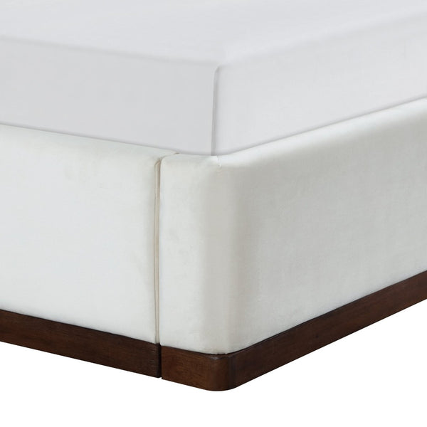 Meridian Furniture Rava Velvet Twin Bed with Tall Upholstered Headboard and Walnut Base for Modern Bedrooms Cream / Beige RavaCream-T