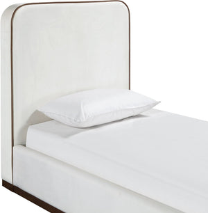 Meridian Furniture Rava Velvet Twin Bed with Tall Upholstered Headboard and Walnut Base for Modern Bedrooms Cream / Beige RavaCream-T