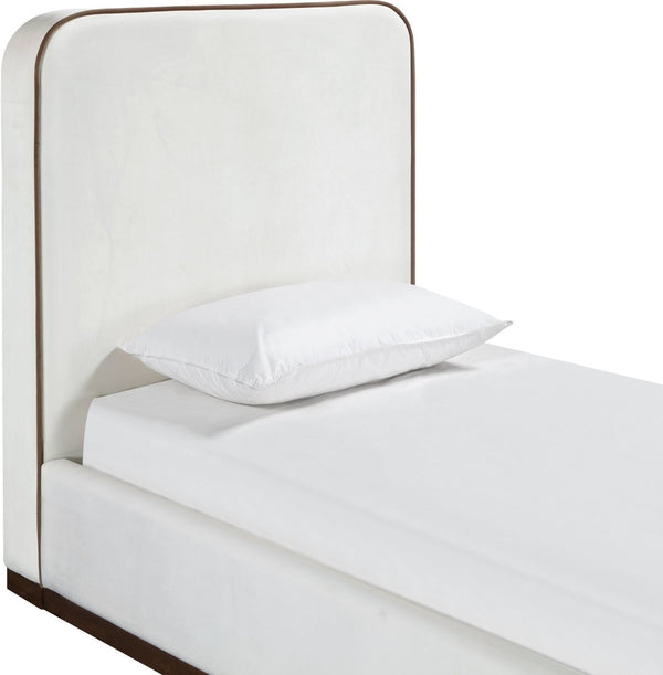 Meridian Furniture Rava Velvet Twin Bed with Tall Upholstered Headboard and Walnut Base for Modern Bedrooms Cream / Beige RavaCream-T