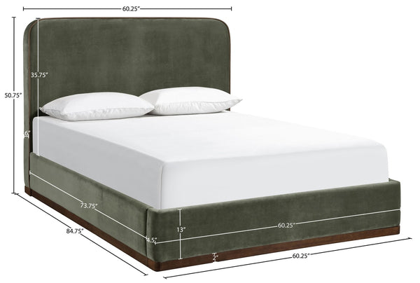 Meridian Furniture Rava Full Upholstered Platform Bed with Velvet Headboard and Walnut Wood Base Modern Style Green / Brown RavaGreen-F