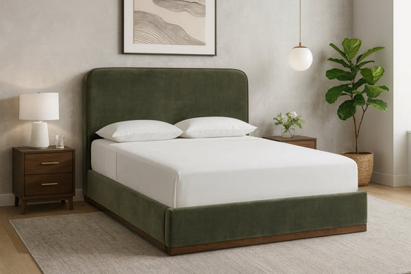 Meridian Furniture Rava Full Upholstered Platform Bed with Velvet Headboard and Walnut Wood Base Modern Style Green / Brown RavaGreen-F