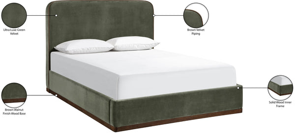 Meridian Furniture Rava Velvet King Bed Tall Headboard Walnut Base Platform Frame for Modern Bedrooms Green / Brown RavaGreen-K