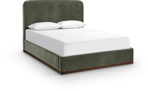 Meridian Furniture Rava Velvet King Bed Tall Headboard Walnut Base Platform Frame for Modern Bedrooms Green / Brown RavaGreen-K