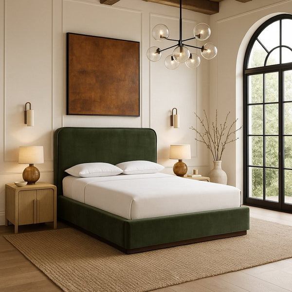 Meridian Furniture Rava Velvet King Bed Tall Headboard Walnut Base Platform Frame for Modern Bedrooms Green / Brown RavaGreen-K