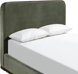 Meridian Furniture Rava Velvet King Bed Tall Headboard Walnut Base Platform Frame for Modern Bedrooms Green / Brown RavaGreen-K