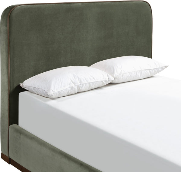 Meridian Furniture Rava Velvet King Bed Tall Headboard Walnut Base Platform Frame for Modern Bedrooms Green / Brown RavaGreen-K