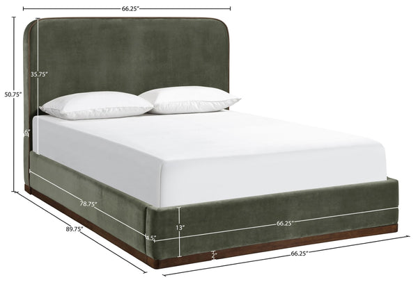 Meridian Furniture Rava Velvet Queen Bed Upholstered Platform Frame with Walnut Base and Piped Wingback Headboard Green / Brown RavaGreen-Q