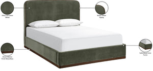 Meridian Furniture Rava Velvet Queen Bed Upholstered Platform Frame with Walnut Base and Piped Wingback Headboard Green / Brown RavaGreen-Q