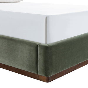Meridian Furniture Rava Velvet Queen Bed Upholstered Platform Frame with Walnut Base and Piped Wingback Headboard Green / Brown RavaGreen-Q