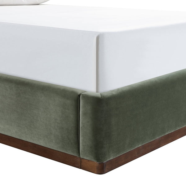 Meridian Furniture Rava Velvet Queen Bed Upholstered Platform Frame with Walnut Base and Piped Wingback Headboard Green / Brown RavaGreen-Q