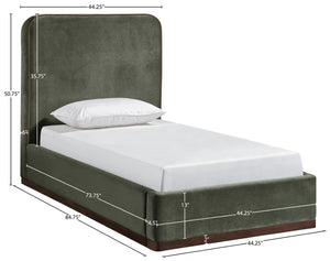 Meridian Furniture Rava Velvet Twin Bed with Tall Upholstered Headboard and Walnut Base for Modern Bedrooms Green / Brown RavaGreen-T