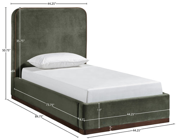 Meridian Furniture Rava Velvet Twin Bed with Tall Upholstered Headboard and Walnut Base for Modern Bedrooms Green / Brown RavaGreen-T