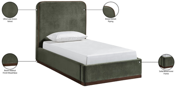 Meridian Furniture Rava Velvet Twin Bed with Tall Upholstered Headboard and Walnut Base for Modern Bedrooms Green / Brown RavaGreen-T