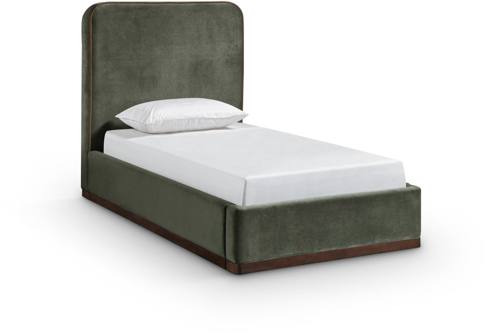 Meridian Furniture Rava Velvet Twin Bed with Tall Upholstered Headboard and Walnut Base for Modern Bedrooms Green / Brown RavaGreen-T
