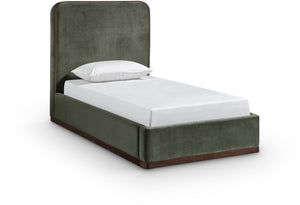 Meridian Furniture Rava Velvet Twin Bed with Tall Upholstered Headboard and Walnut Base for Modern Bedrooms Green / Brown RavaGreen-T