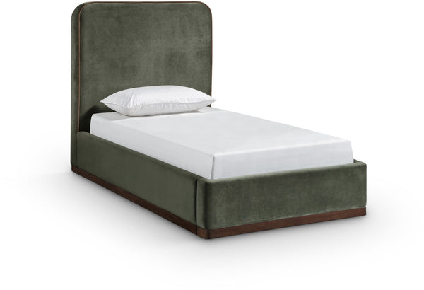 Meridian Furniture Rava Velvet Twin Bed with Tall Upholstered Headboard and Walnut Base for Modern Bedrooms Green / Brown RavaGreen-T