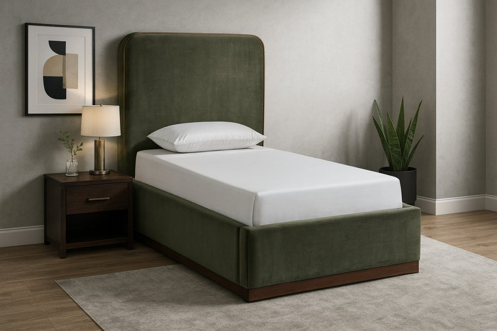 Meridian Furniture Rava Velvet Twin Bed with Tall Upholstered Headboard and Walnut Base for Modern Bedrooms Green / Brown RavaGreen-T