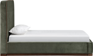 Meridian Furniture Rava Velvet Twin Bed with Tall Upholstered Headboard and Walnut Base for Modern Bedrooms Green / Brown RavaGreen-T