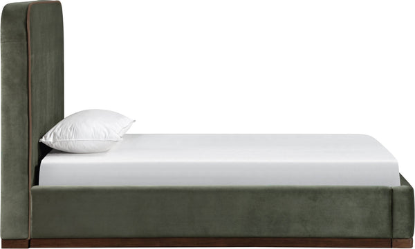 Meridian Furniture Rava Velvet Twin Bed with Tall Upholstered Headboard and Walnut Base for Modern Bedrooms Green / Brown RavaGreen-T