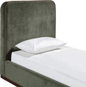 Meridian Furniture Rava Velvet Twin Bed with Tall Upholstered Headboard and Walnut Base for Modern Bedrooms Green / Brown RavaGreen-T