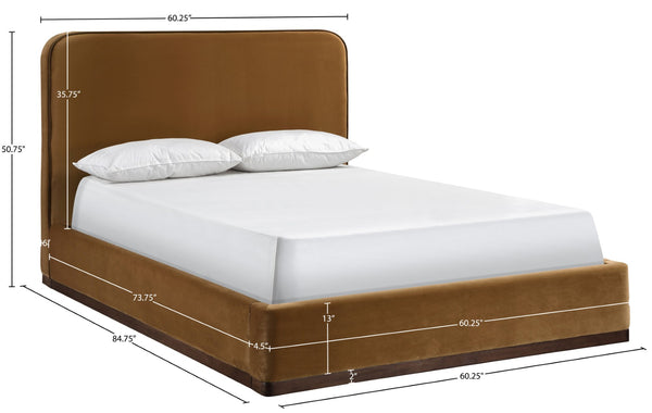 Meridian Furniture Rava Full Upholstered Platform Bed with Velvet Headboard and Walnut Wood Base Modern Style Saddle / Brown RavaSaddle-F
