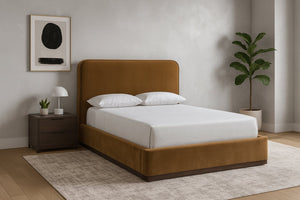 Meridian Furniture Rava Full Upholstered Platform Bed with Velvet Headboard and Walnut Wood Base Modern Style Saddle / Brown RavaSaddle-F