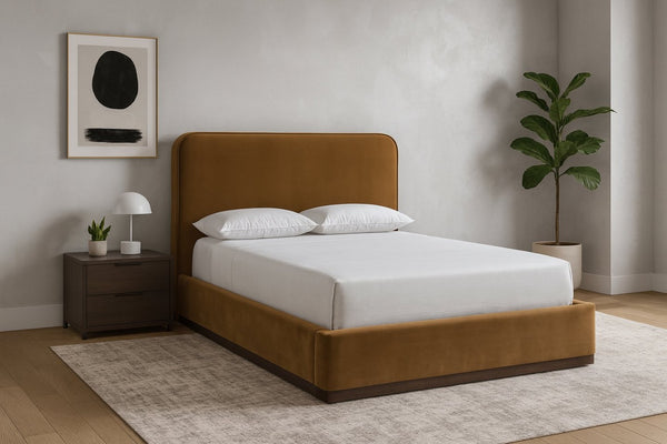 Meridian Furniture Rava Full Upholstered Platform Bed with Velvet Headboard and Walnut Wood Base Modern Style Saddle / Brown RavaSaddle-F