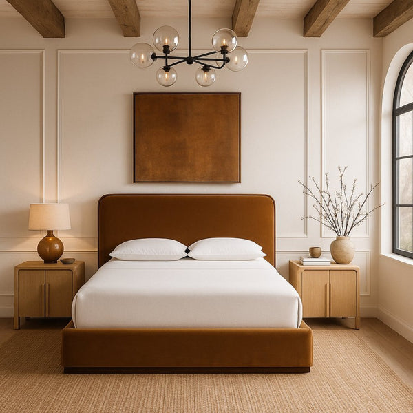 Meridian Furniture Rava Velvet King Bed Tall Headboard Walnut Base Platform Frame for Modern Bedrooms Saddle / Brown RavaSaddle-K