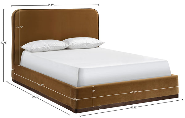 Meridian Furniture Rava Velvet Queen Bed Upholstered Platform Frame with Walnut Base and Piped Wingback Headboard Saddle / Brown RavaSaddle-Q
