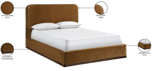 Meridian Furniture Rava Velvet Queen Bed Upholstered Platform Frame with Walnut Base and Piped Wingback Headboard Saddle / Brown RavaSaddle-Q