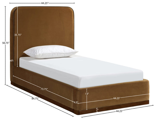 Meridian Furniture Rava Velvet Twin Bed with Tall Upholstered Headboard and Walnut Base for Modern Bedrooms Saddle / Brown RavaSaddle-T