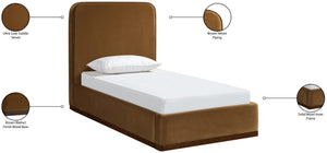 Meridian Furniture Rava Velvet Twin Bed with Tall Upholstered Headboard and Walnut Base for Modern Bedrooms Saddle / Brown RavaSaddle-T