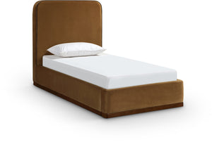 Meridian Furniture Rava Velvet Twin Bed with Tall Upholstered Headboard and Walnut Base for Modern Bedrooms Saddle / Brown RavaSaddle-T