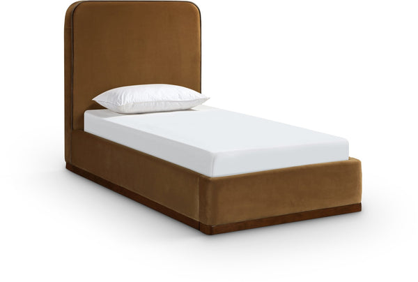 Meridian Furniture Rava Velvet Twin Bed with Tall Upholstered Headboard and Walnut Base for Modern Bedrooms Saddle / Brown RavaSaddle-T