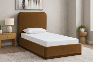 Meridian Furniture Rava Velvet Twin Bed with Tall Upholstered Headboard and Walnut Base for Modern Bedrooms Saddle / Brown RavaSaddle-T