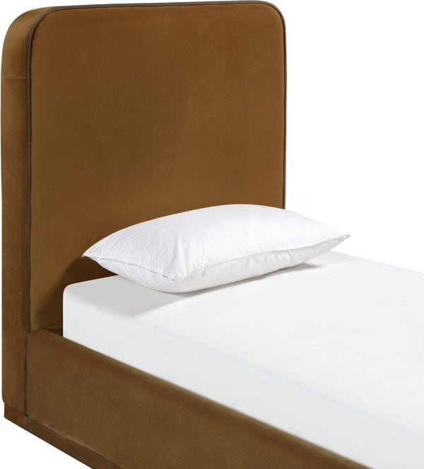 Meridian Furniture Rava Velvet Twin Bed with Tall Upholstered Headboard and Walnut Base for Modern Bedrooms Saddle / Brown RavaSaddle-T