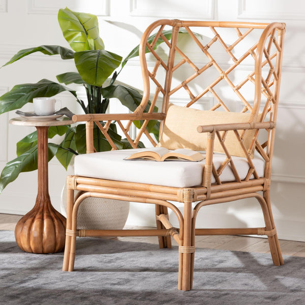 Bali & Pari Ray Handcrafted Rattan Wingback Chair with Foam Cushion for Living Rooms