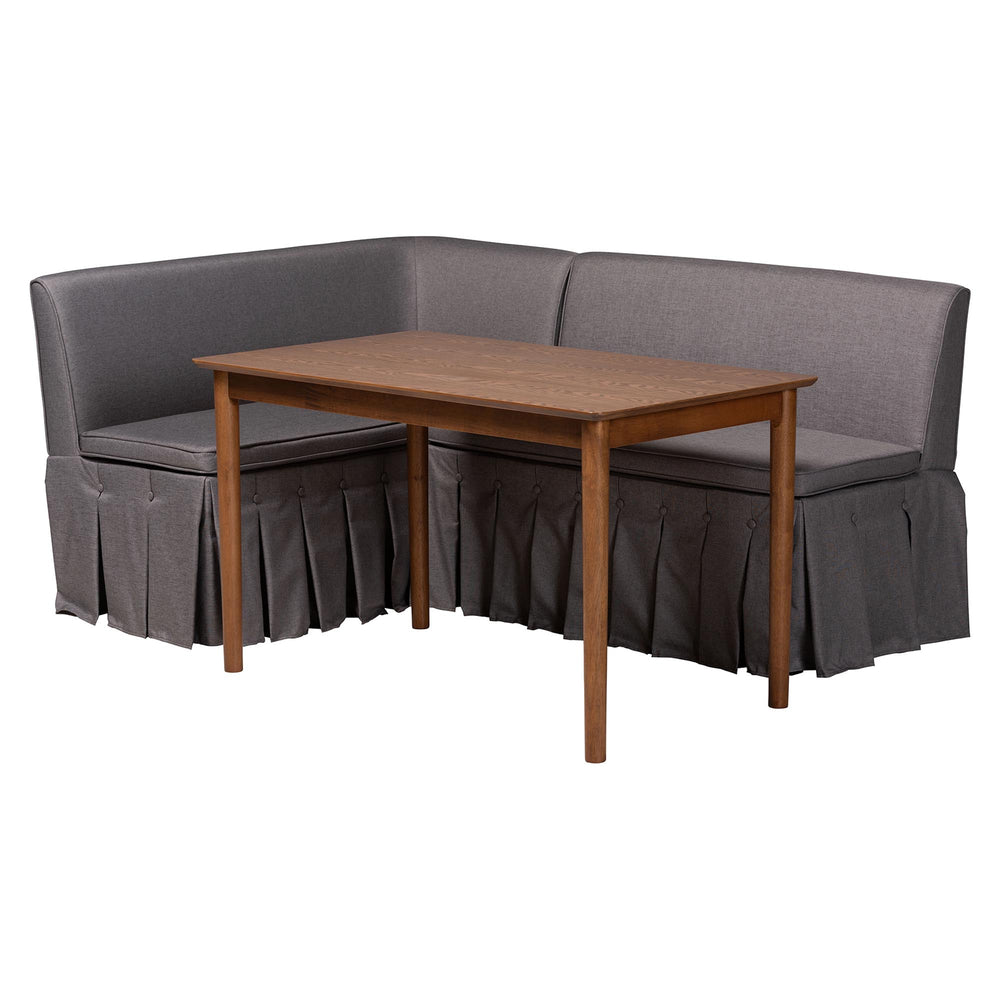 Baxton Studio Baxton Studio Reuben Fabric Upholstered Corner Banquette Nook Set with Pleated Bench Skirts Reagon-Grey/Walnut-3PC Dining Nook Set