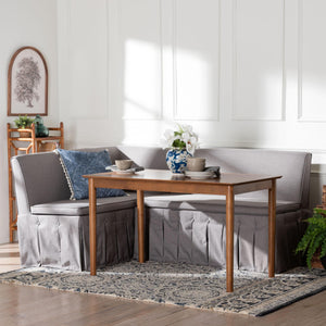 Baxton Studio Baxton Studio Reuben Fabric Upholstered Corner Banquette Nook Set with Pleated Bench Skirts Reagon-Grey/Walnut-3PC Dining Nook Set