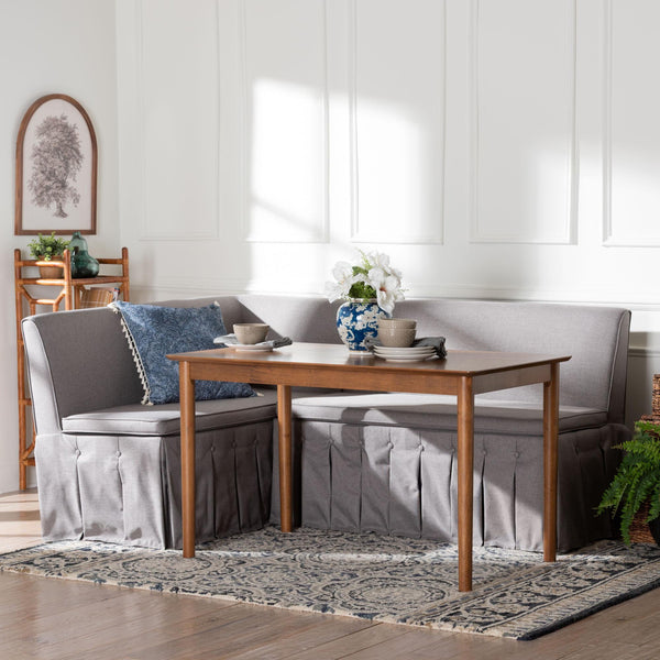Baxton Studio Baxton Studio Reuben Fabric Upholstered Corner Banquette Nook Set with Pleated Bench Skirts Reagon-Grey/Walnut-3PC Dining Nook Set