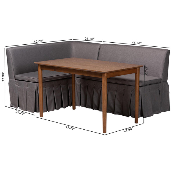 Baxton Studio Baxton Studio Reuben Fabric Upholstered Corner Banquette Nook Set with Pleated Bench Skirts Reagon-Grey/Walnut-3PC Dining Nook Set