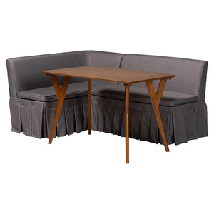 Baxton Studio Baxton Studio Reginald L-shaped Corner Dining Nook with Pleated Upholstered Benches Redmond-Grey/Walnut-3PC Dining Nook Set
