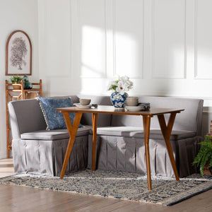 Baxton Studio Baxton Studio Reginald L-shaped Corner Dining Nook with Pleated Upholstered Benches Redmond-Grey/Walnut-3PC Dining Nook Set