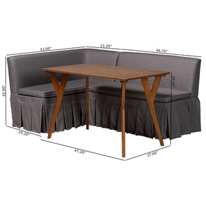 Baxton Studio Baxton Studio Reginald L-shaped Corner Dining Nook with Pleated Upholstered Benches Redmond-Grey/Walnut-3PC Dining Nook Set