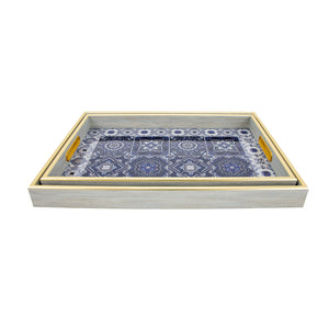 Zeugma Regal Set Of 2 Elegant Serving Trays With Blue Gold Frame & Greek Mosaic Design For Chic Décor Blue And Gold Frame And Greek Mosaic,Inspired Bottom Plaster,Wood,Plywood Hrt24sf601 Tray