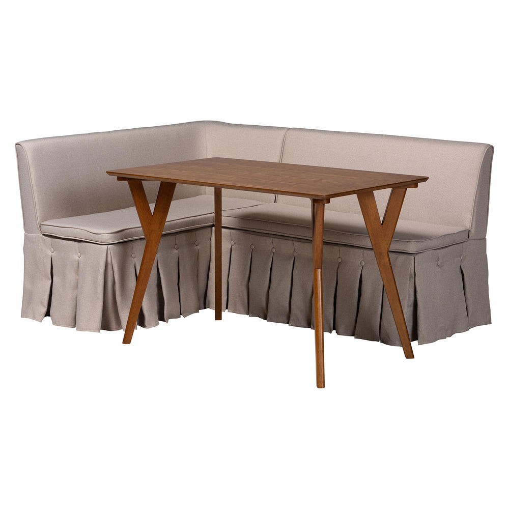 Baxton Studio Baxton Studio Reginald L-shaped Fabric Banquette Nook Set with Pleated Skirted Benches Reginald-Light Beige/Walnut-3PC Dining Nook Set