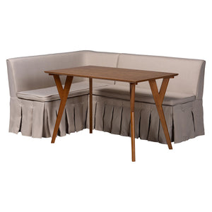 Baxton Studio Baxton Studio Reginald L-shaped Fabric Banquette Nook Set with Pleated Skirted Benches Reginald-Light Beige/Walnut-3PC Dining Nook Set