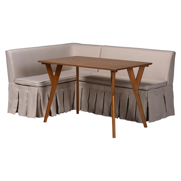 Baxton Studio Baxton Studio Reginald L-shaped Fabric Banquette Nook Set with Pleated Skirted Benches Reginald-Light Beige/Walnut-3PC Dining Nook Set
